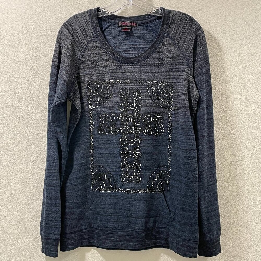 ROCK & ROLL COWGIRL Navy Ombre Rhinestone Embellished Pullover Sweater Women L